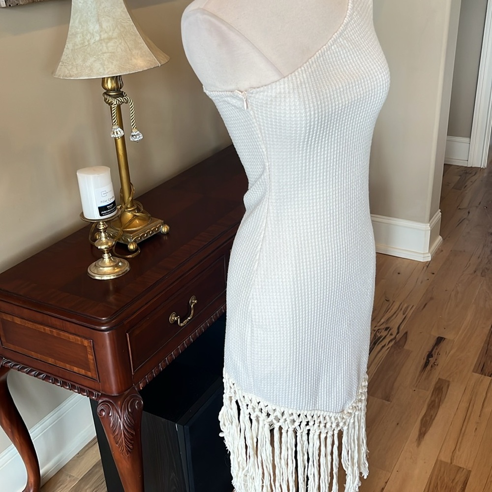 One Shoulder Cream Waffle Form Fitting Dress Fringe New - Picture 6 of 10